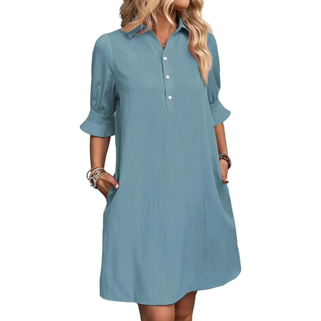 Comfortable & versatile women's shirt dress, button-down style, ideal for casual or elegant occasions.