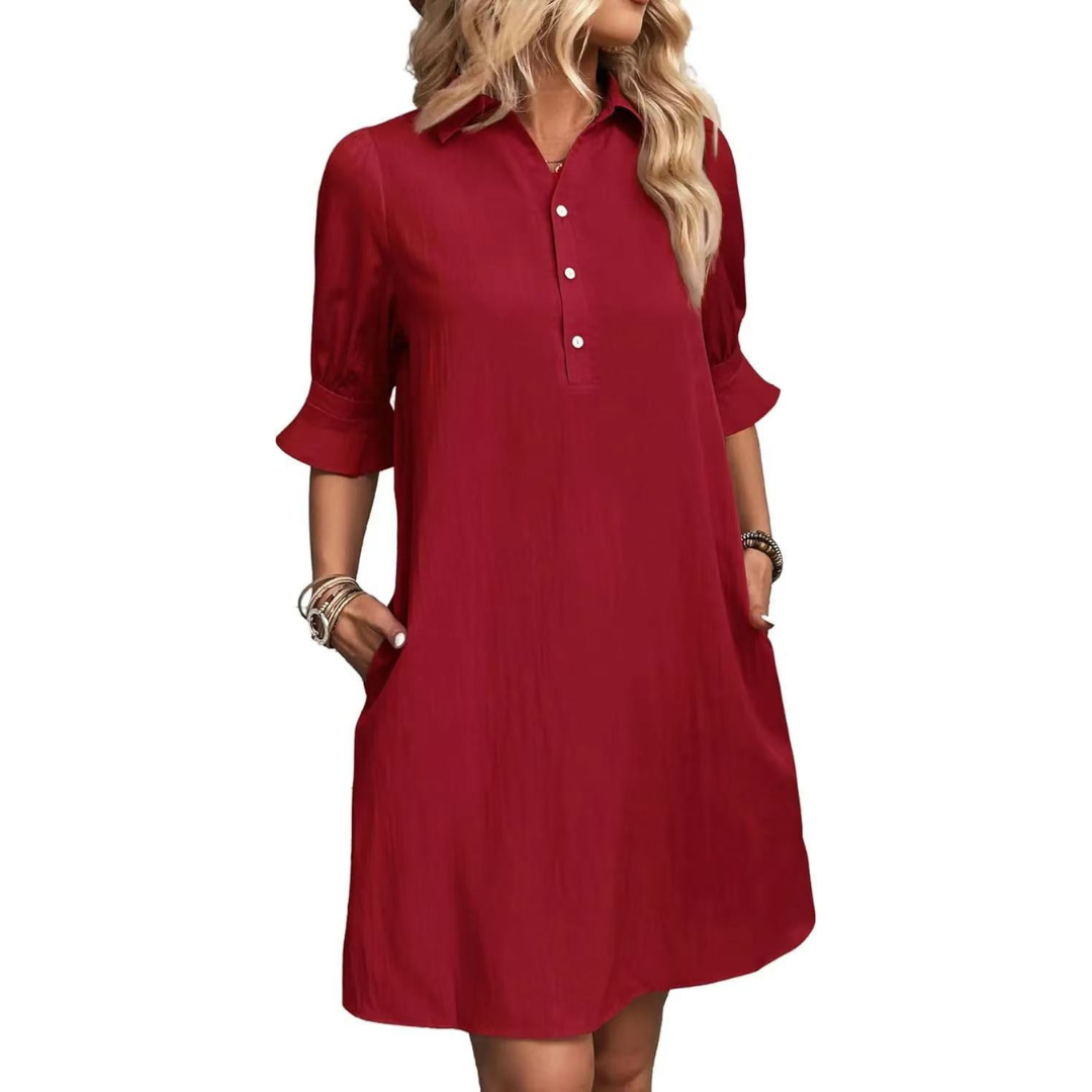 Stylish women's button-down shirt dress. Elegant, versatile, and comfortable for a chic summer.