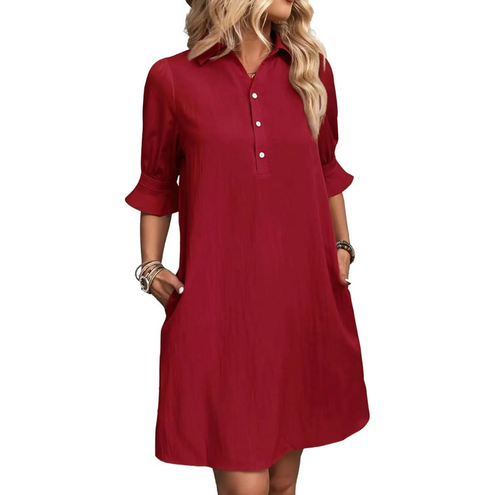 Stylish women's button-down shirt dress. Elegant, versatile, and comfortable for a chic summer.