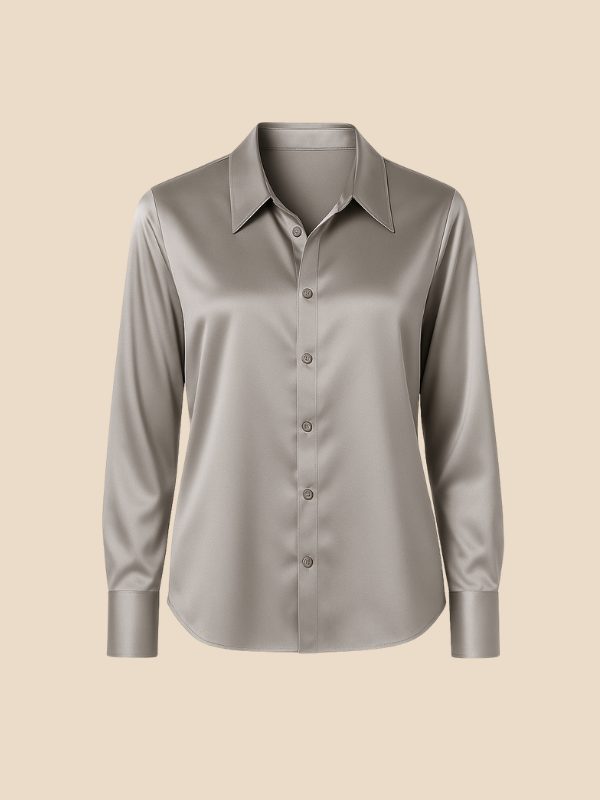 Women's versatile long sleeve button-down shirt, pointed collar, flat lay example.
