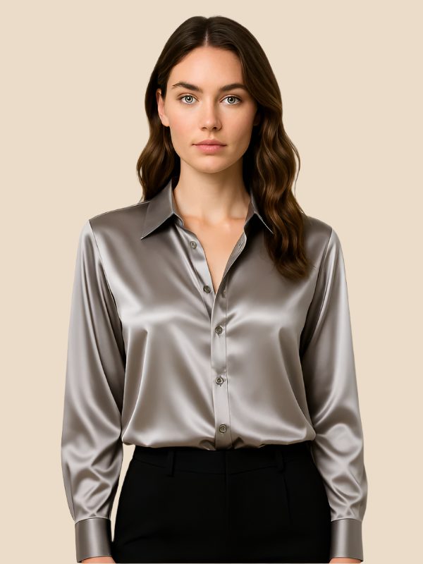 Smart casual women's button-down shirt, long sleeve, pointed collar, comfortable fit.