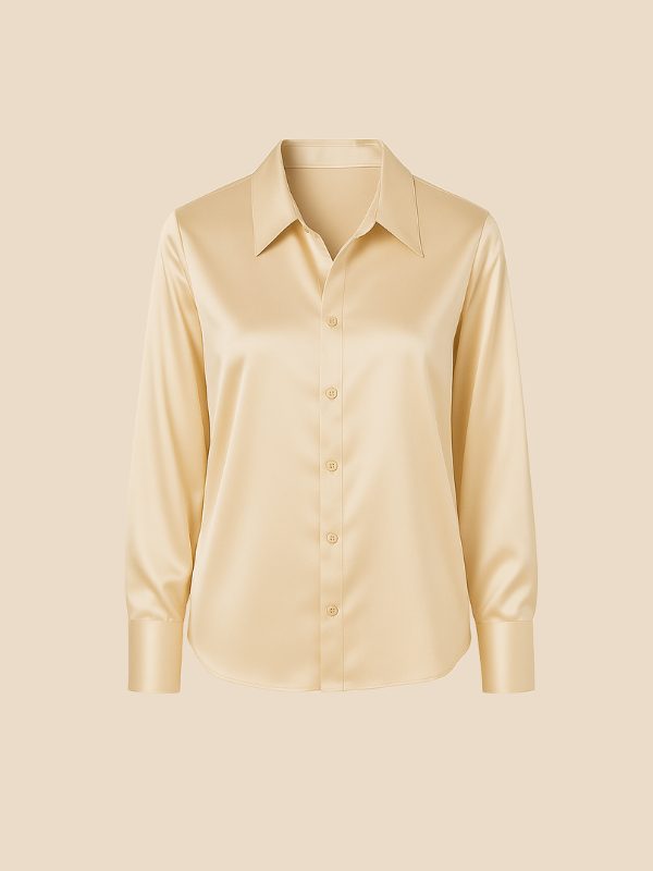 Women's long sleeve button-down shirt with pointed collar, close-up of fabric texture.
