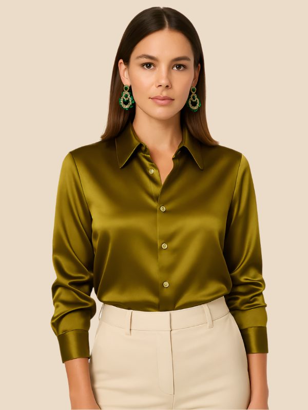Women's white button-down shirt, long sleeve, pointed collar, ideal for interviews.