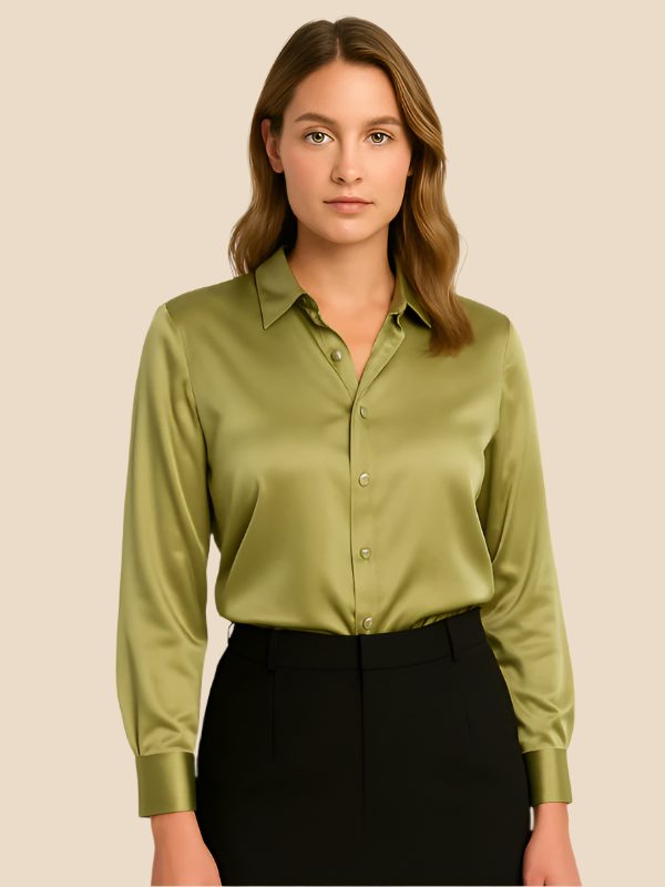 Classic women's button-down shirt, long sleeve, pointed collar, durable and stylish.