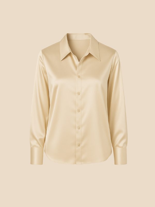 Women's smart button-down shirt, long sleeve, pointed collar, with a subtle sheen.
