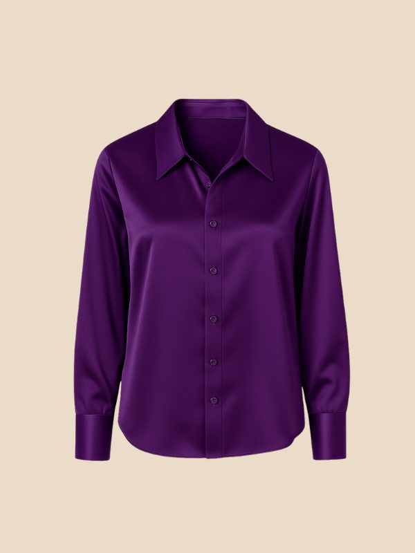 Navy blue women's button-down top, long sleeve, pointed collar, perfect for work.