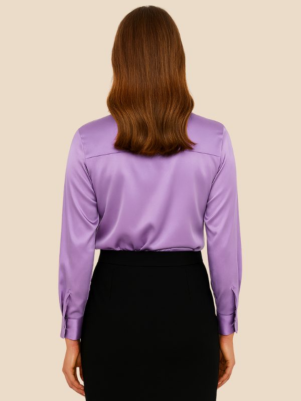 Black women's elegant button-down shirt, long sleeve, pointed collar, classic style.