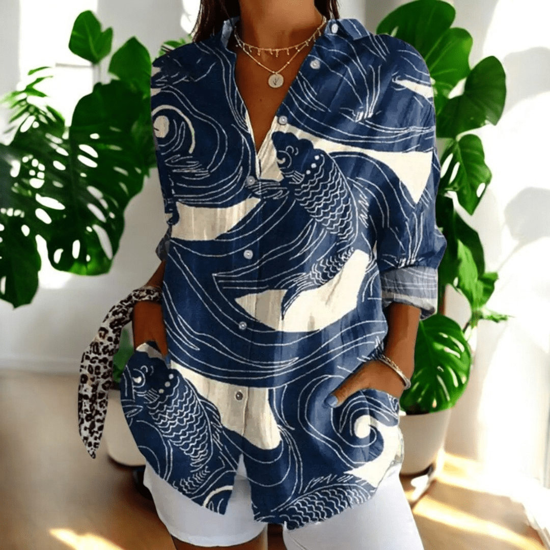 Solid color women's button-front blouse. Elegant everyday long sleeve top, versatile for workwear or casual chic.