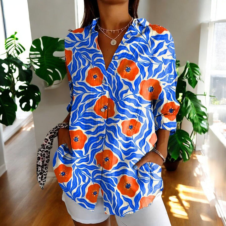 Versatile women's button-front blouse. Elegant long sleeve top for work, casual chic, spring & everyday fashion.