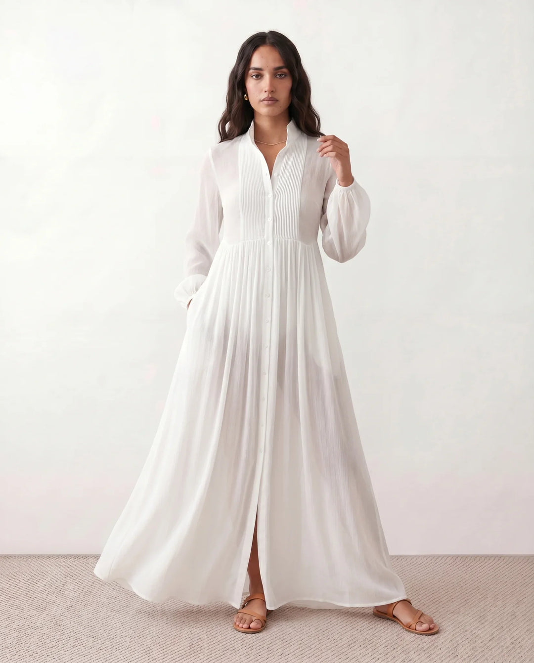 Women's elegant button front maxi dress in a flowy summer style, perfect for casual or vacation wear.
