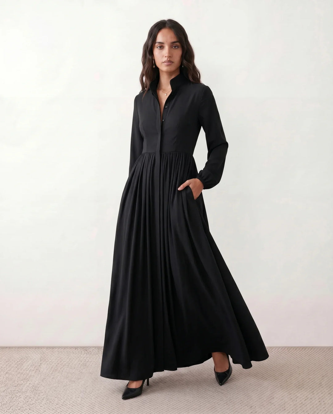 Elegant women's flowy maxi dress, perfect as a summer sundress or casual vacation outfit. Features button front.
