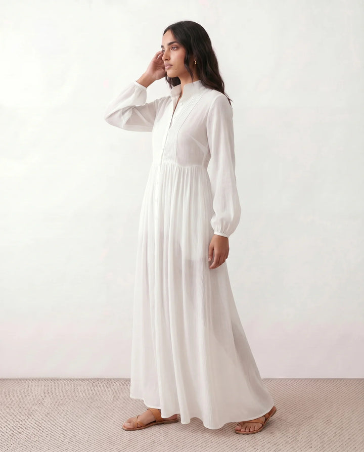 Full length view of an elegant women's button-front maxi dress, perfect for summer casual or dressy occasions.