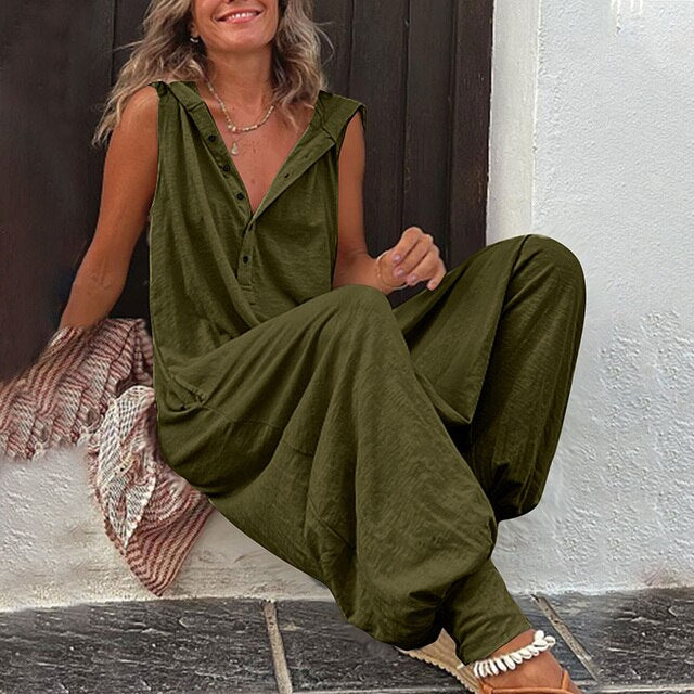 Flattering pull-on women's jumpsuit; a comfortable and elegant choice for casual or everyday versatile fashion.