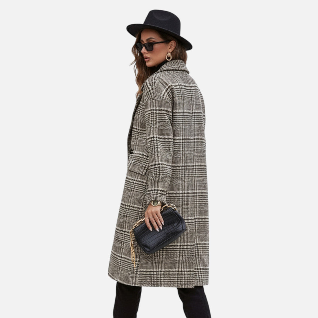 Professional women's checkered blazer with a button-up collar. A timeless tailored jacket for office attire & work.