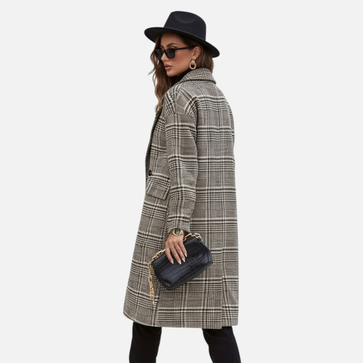 Professional women's checkered blazer with a button-up collar. A timeless tailored jacket for office attire & work.