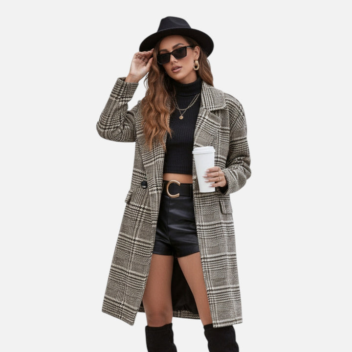 Elegant women's checkered blazer, a stylish button-up lapel jacket for spring, fall, and winter fashion outfits.