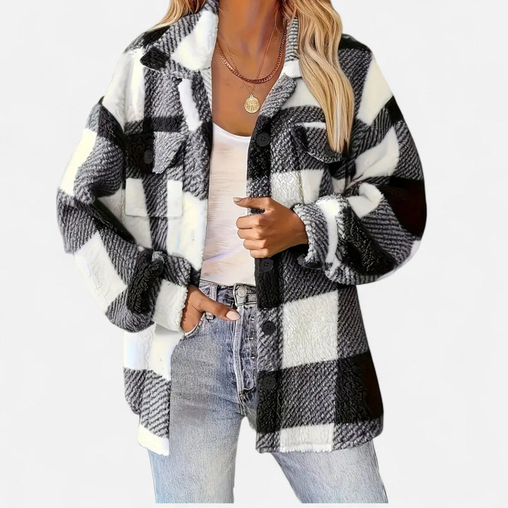 Women's elegant checkered plush winter jacket in classic black and white.