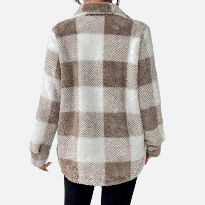 Stay warm and stylish in this women's elegant checkered plush winter coat.