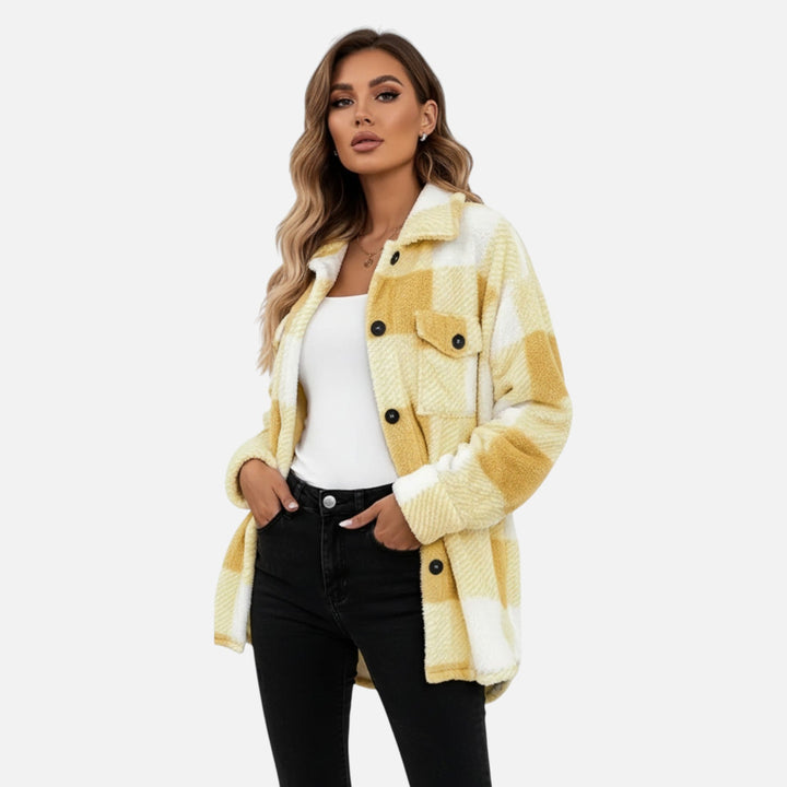 Cozy plush fabric of this women's checkered jacket, perfect for winter.