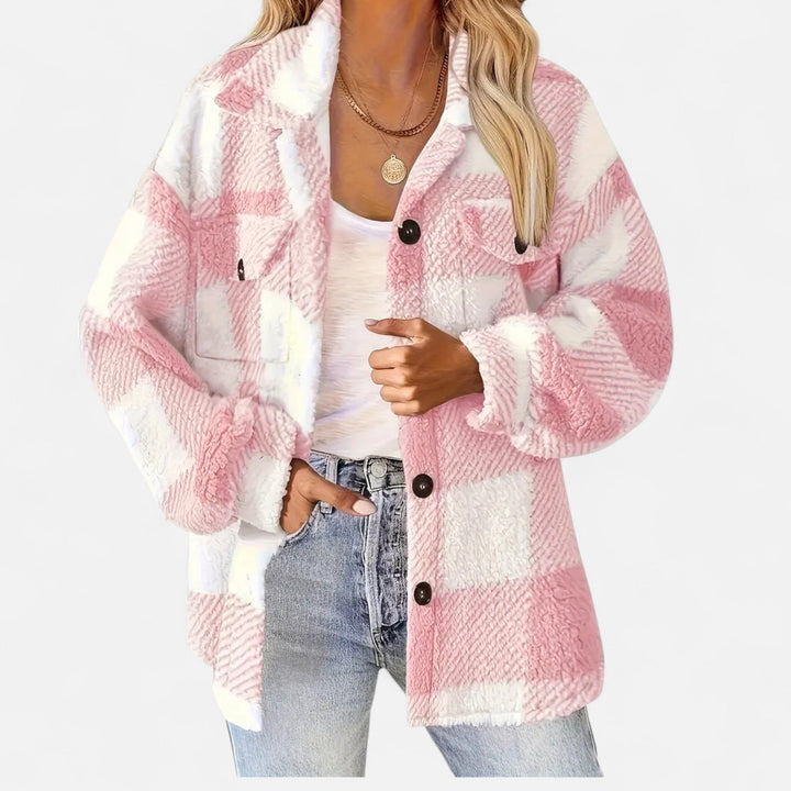 Model wearing the elegant checkered plush jacket, showcasing its fit.