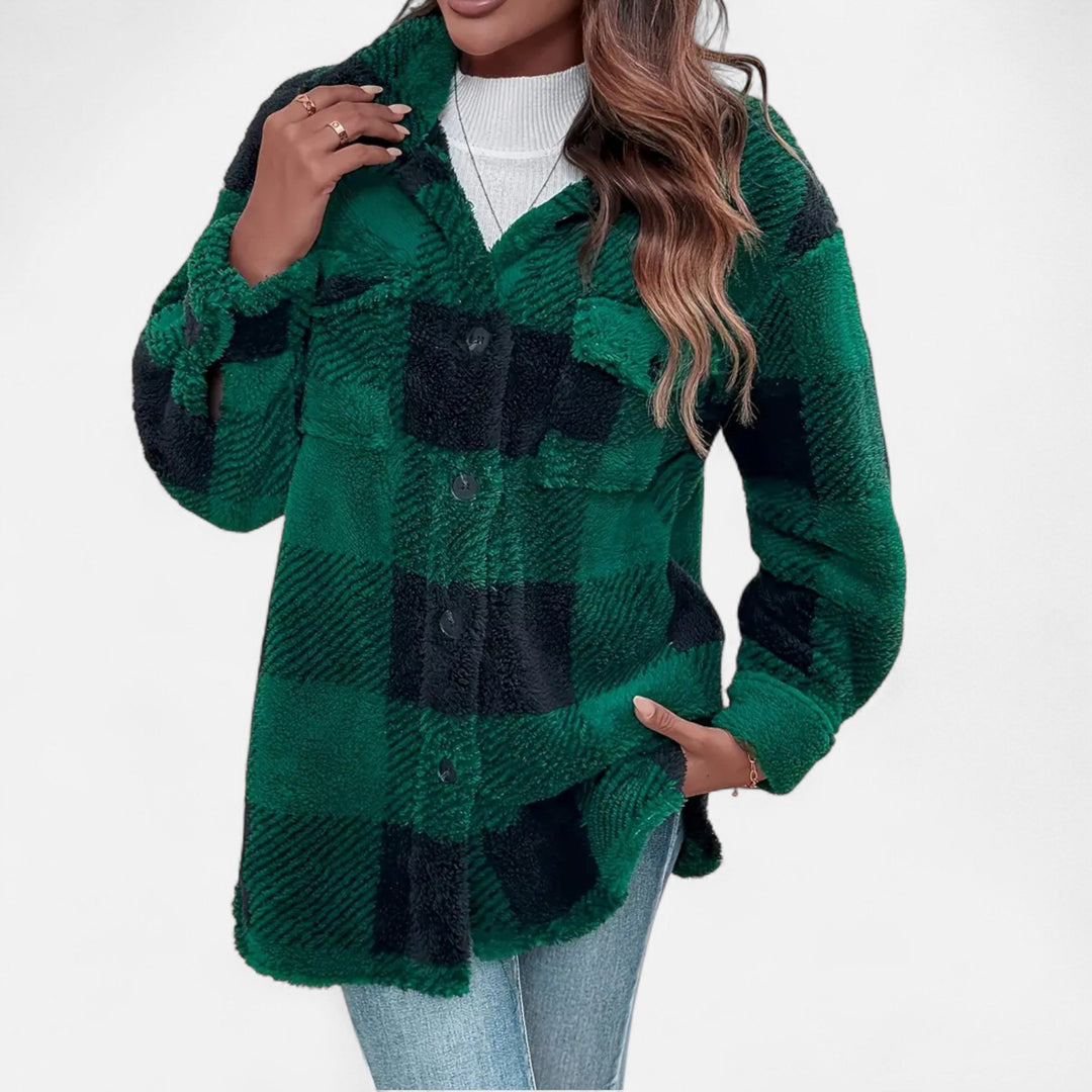 Back view of the women's checkered winter outerwear, highlighting design.