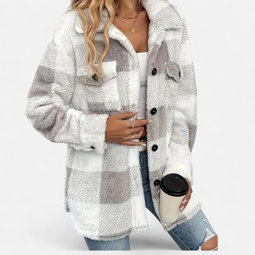 Versatile women's plush jacket with a timeless checkered design for winter.