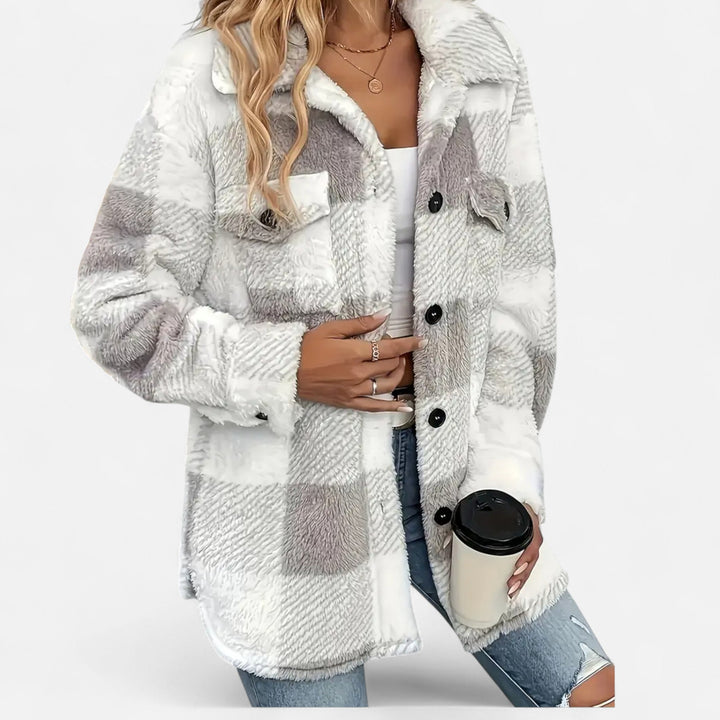 Versatile women's plush jacket with a timeless checkered design for winter.