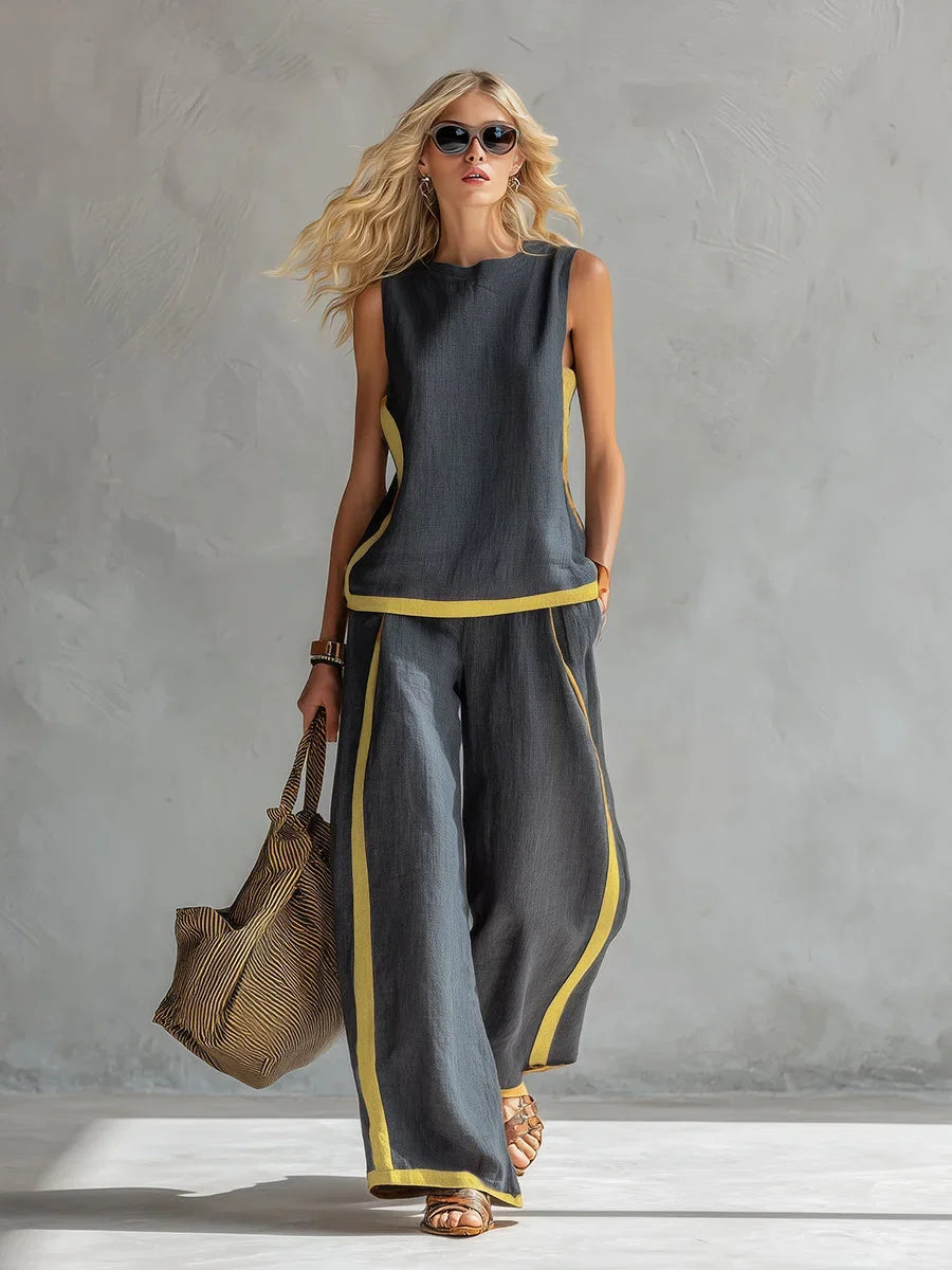 Women's elegant contrast-trim sleeveless top & wide-leg pants matching set. Perfect for summer casual or lounge.