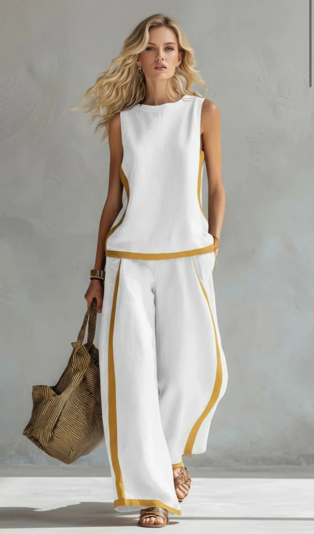 Comfortable women's lounge wear set: contrast-trim sleeveless top & wide-leg pants. Perfect for relaxing in style.
