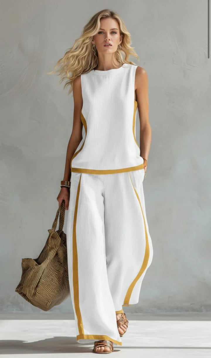 Comfortable women's lounge wear set: contrast-trim sleeveless top & wide-leg pants. Perfect for relaxing in style.