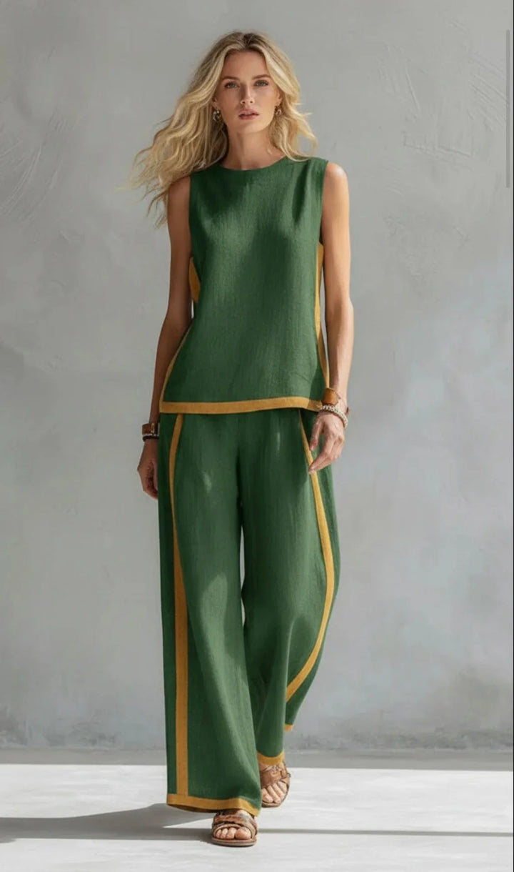 Women's summer style matching set: sleeveless top with contrast trim & wide-leg pants. Casual, comfortable outfit.
