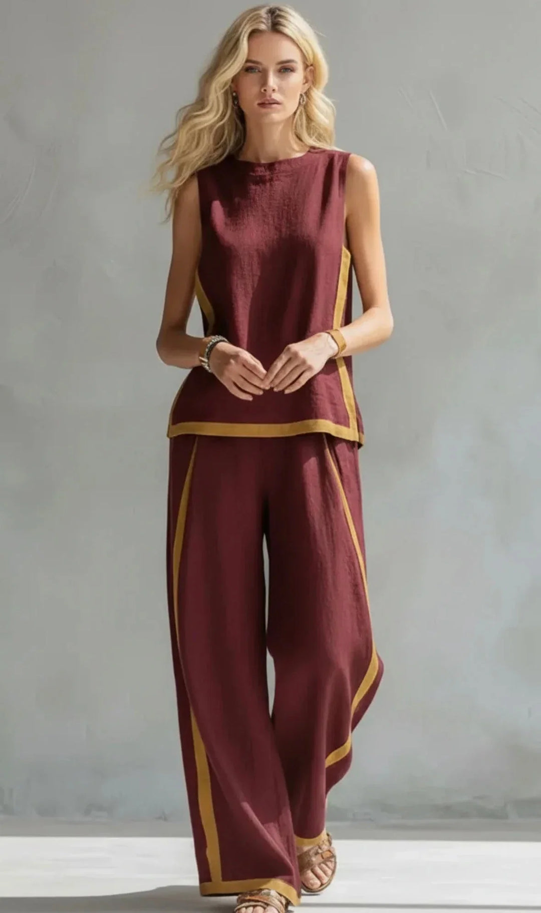 Elegant women's two-piece set: contrast-trim sleeveless top and wide-leg pants for a stylish, comfortable look.