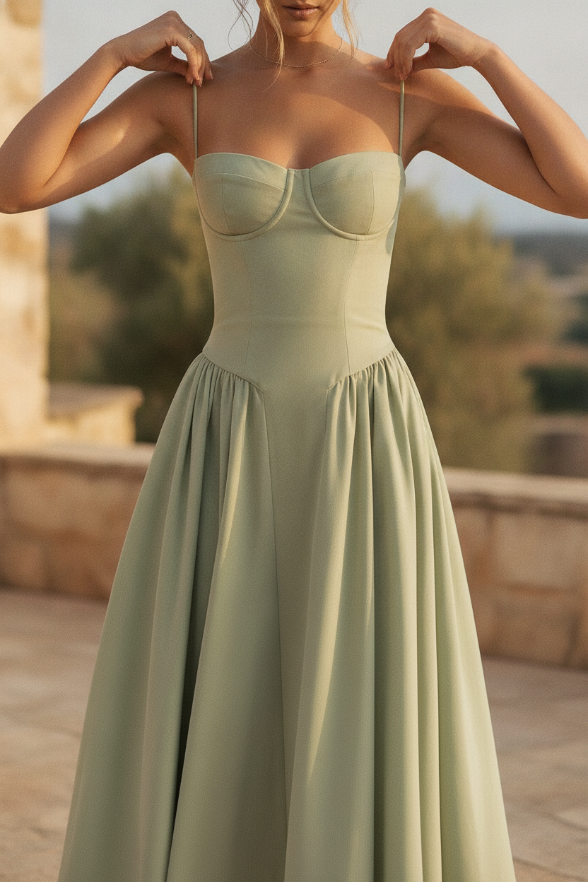 Women's elegant corset midi dress with adjustable straps, perfect for evening or date night.