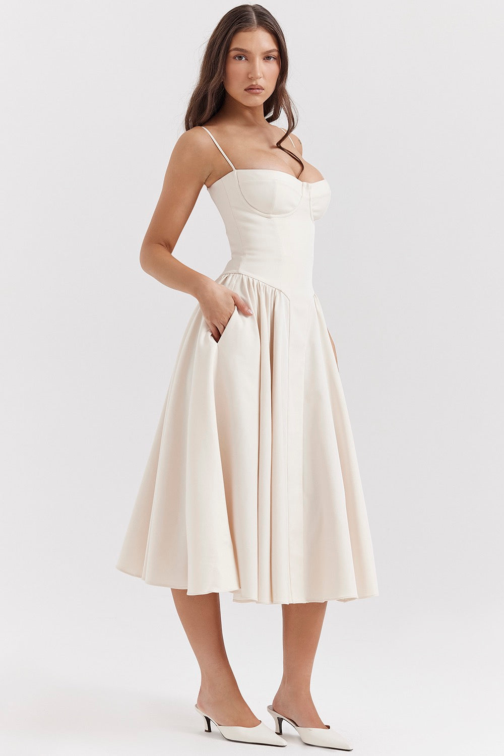 Elegant women's adjustable strap midi dress, ideal for wedding guests, evening events, or date night.