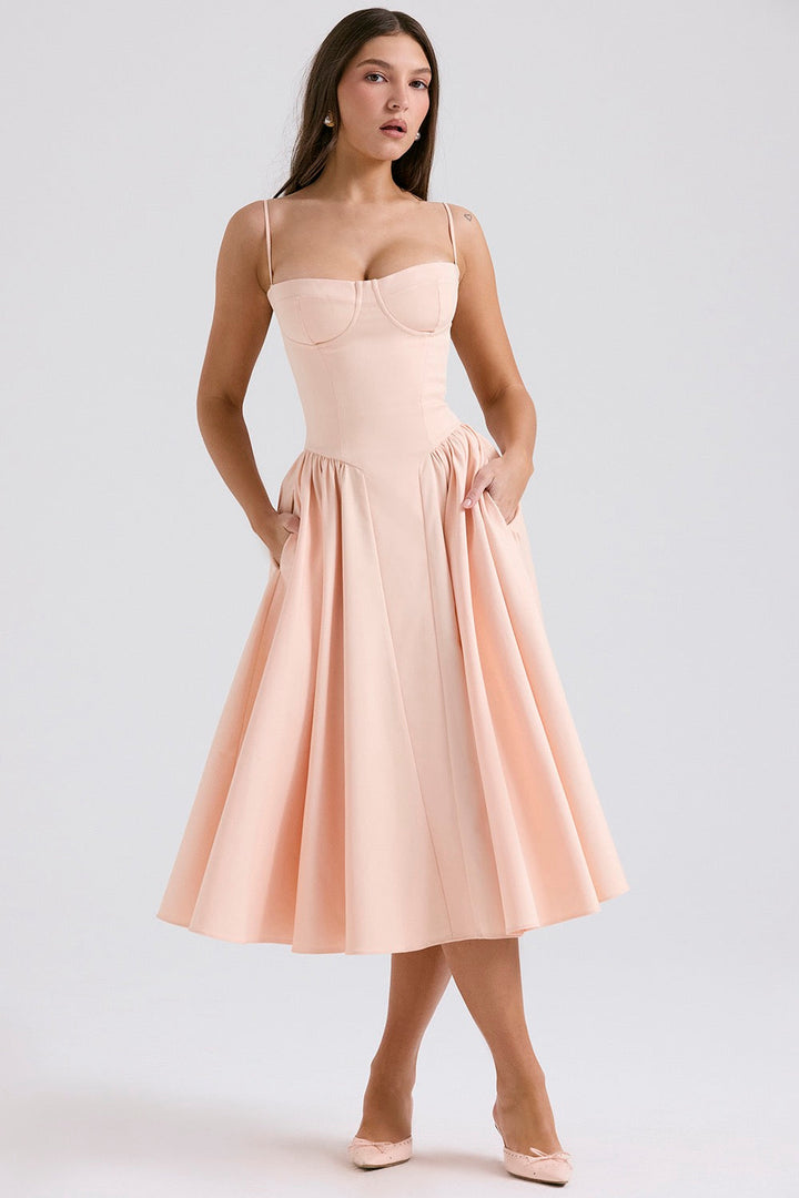 Versatile women's bodycon midi dress, corset detail & adjustable straps for a sleek, flattering fit.