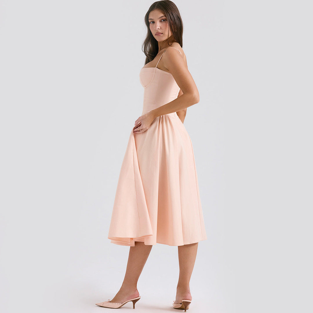 Chic women's summer midi dress with adjustable spaghetti straps and a flattering corset bodice.