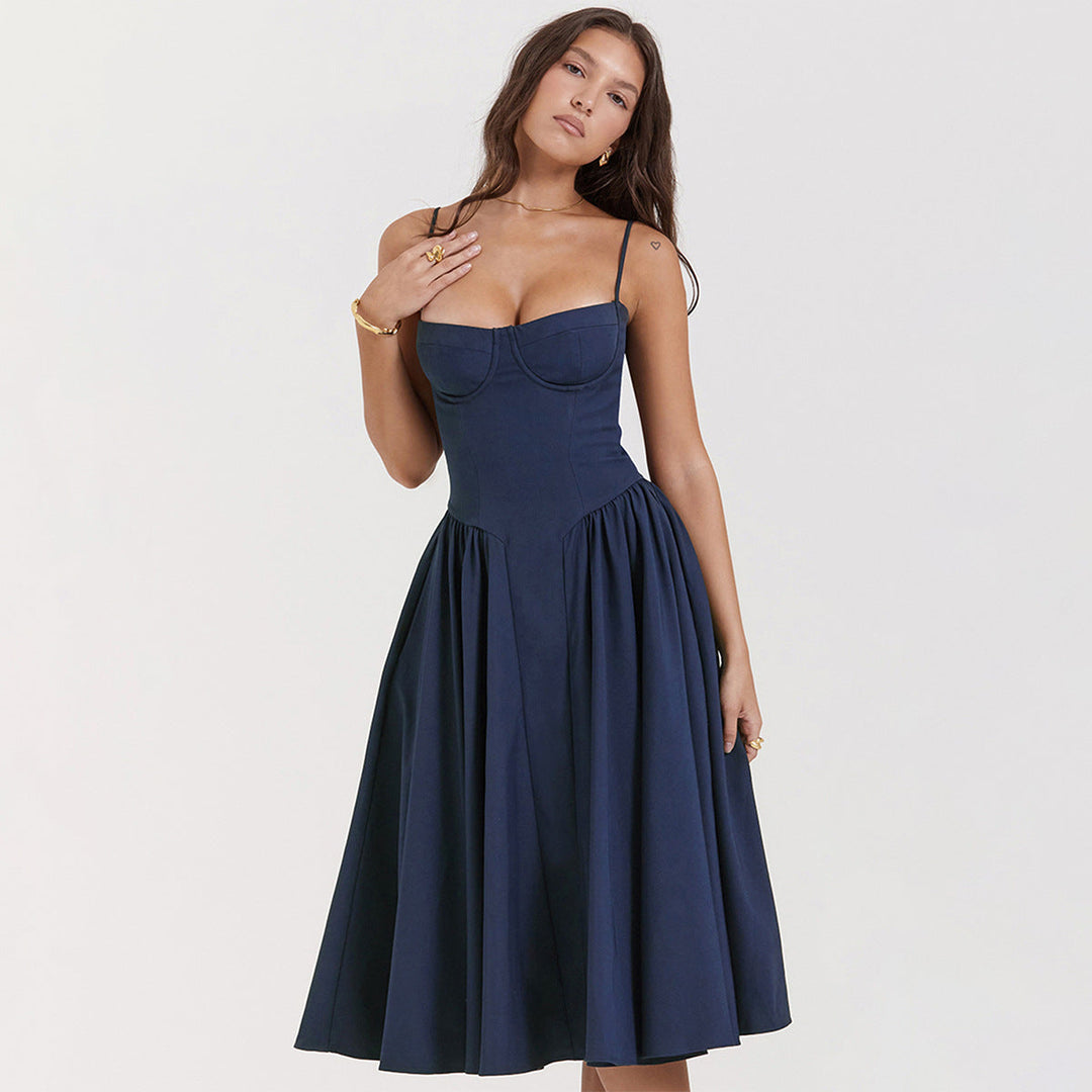 Sophisticated women's evening midi dress, adjustable straps and corset styling for a flattering look.