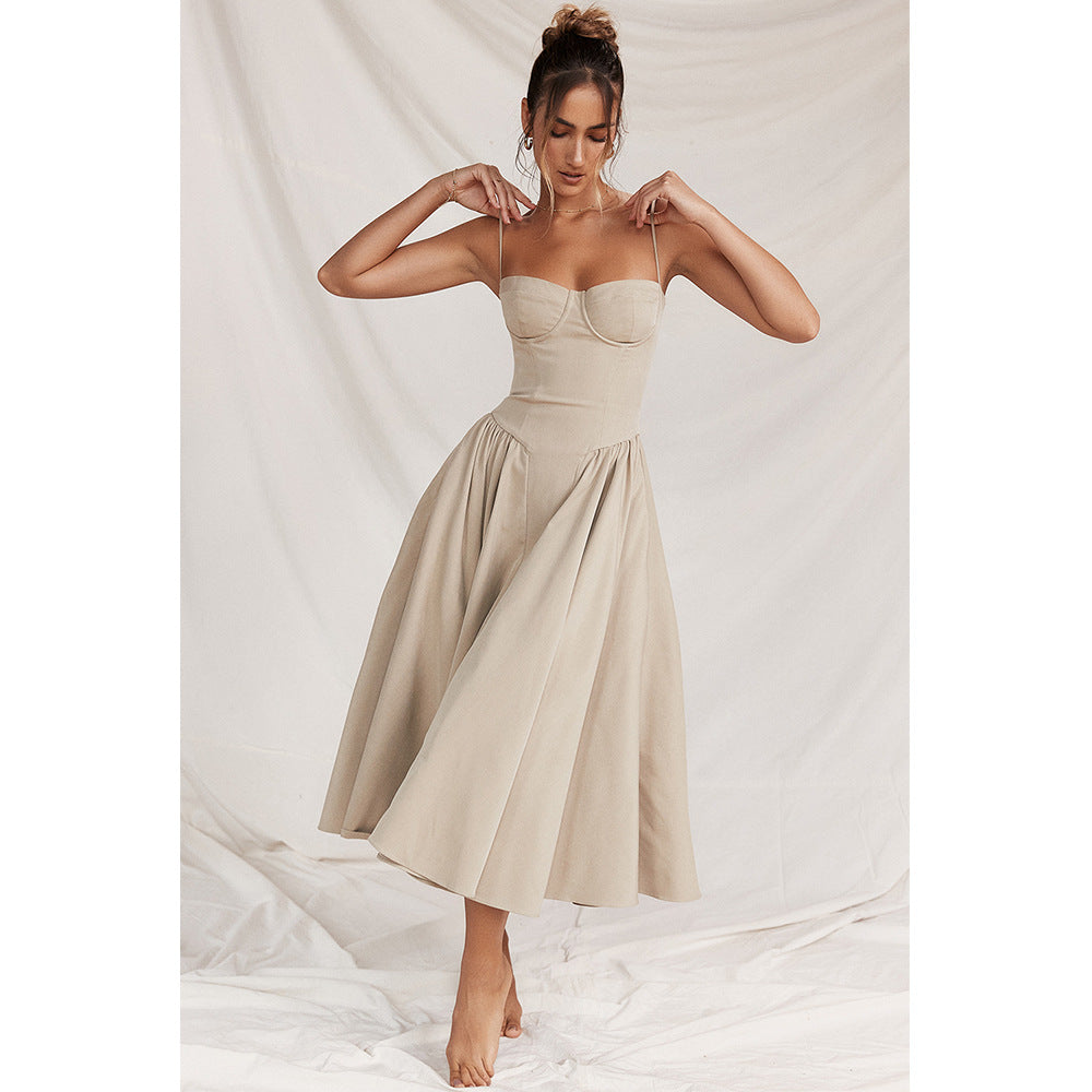 Women's flattering corset midi dress, adjustable straps ensure a perfect fit for any elegant event.