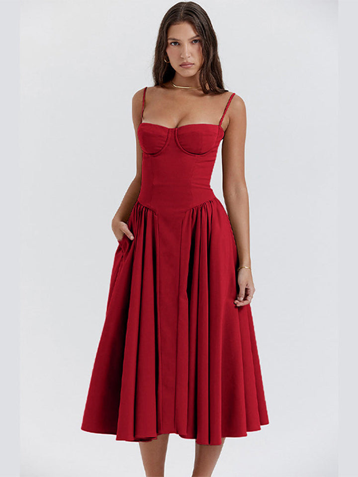 Beautiful women's midi dress with adjustable straps, corset detail, perfect for elegant summer evenings.
