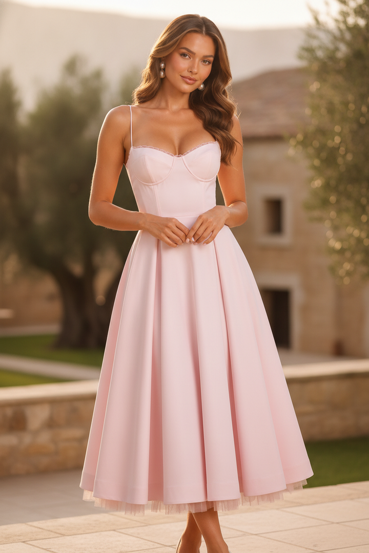 Women's elegant corset midi dress with spaghetti straps & sweetheart neckline, perfect for wedding guests.
