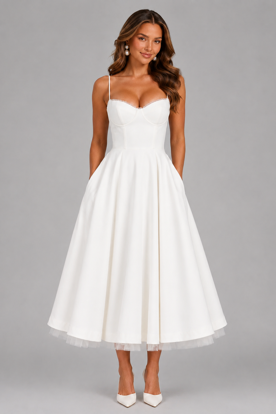 Women's elegant midi dress: corset bodice, spaghetti straps, sweetheart neckline. Perfect for weddings & parties.