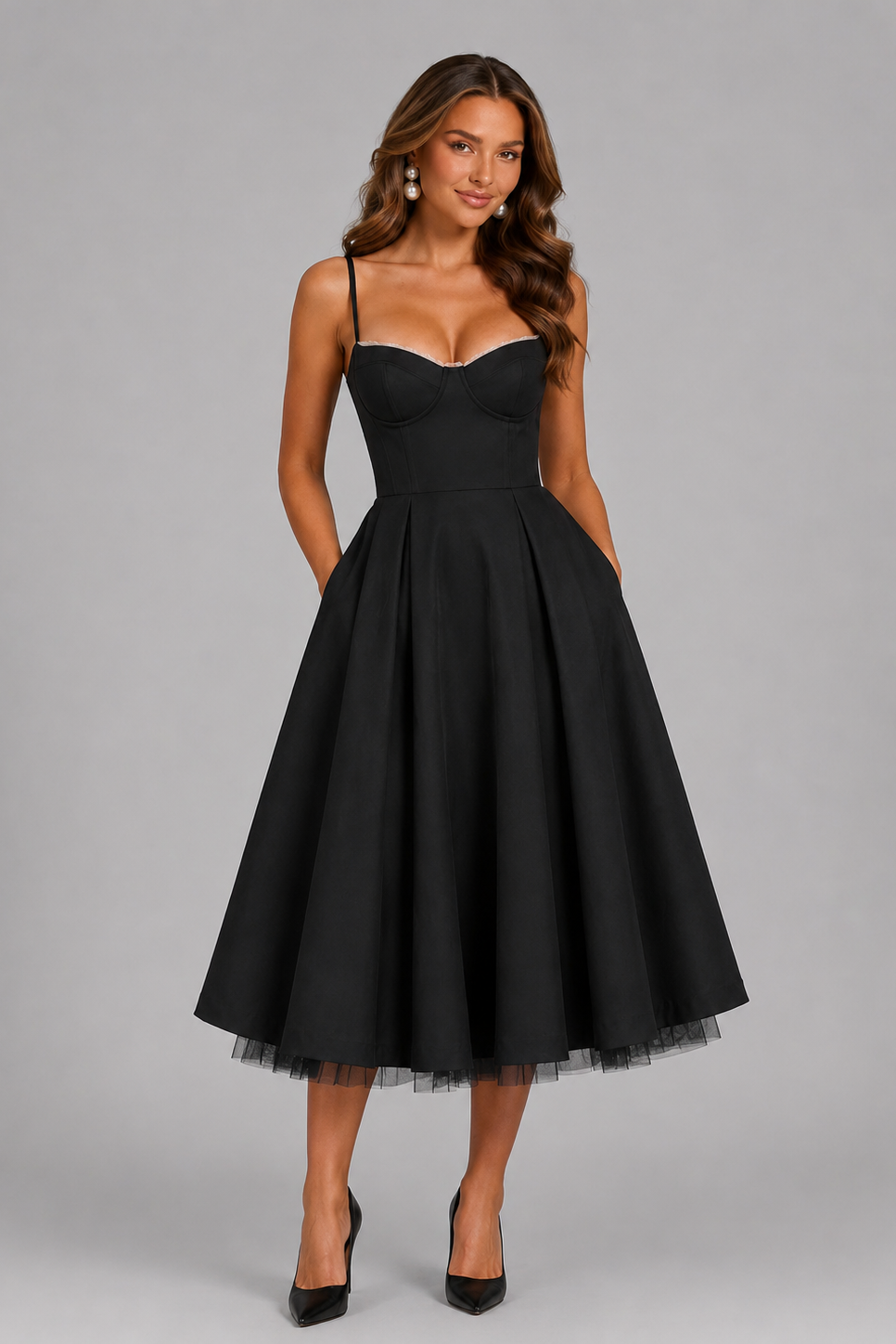Women's elegant corset spaghetti strap midi wedding guest dress. Formal party wear with sweetheart neckline.