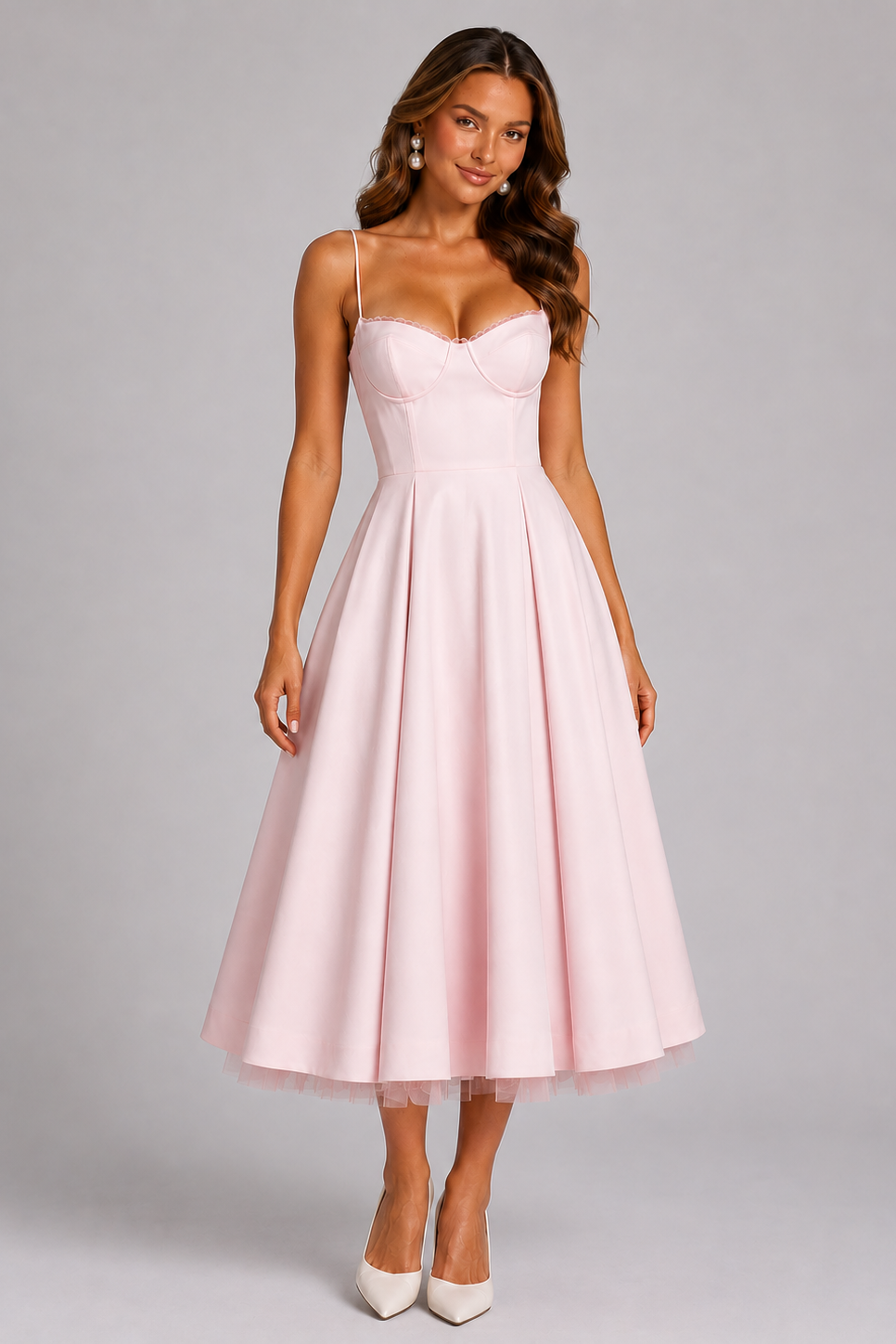 Wedding guest midi dress with corset bodice, spaghetti straps, and elegant design for special occasions.