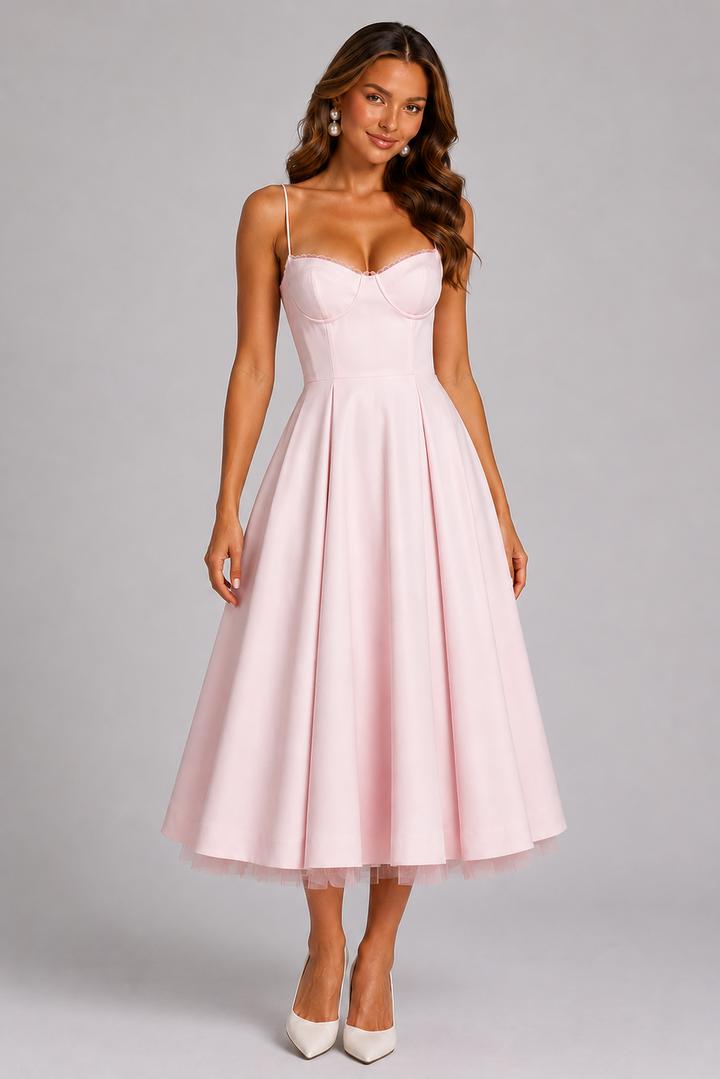 Wedding guest midi dress with corset bodice, spaghetti straps, and elegant design for special occasions.