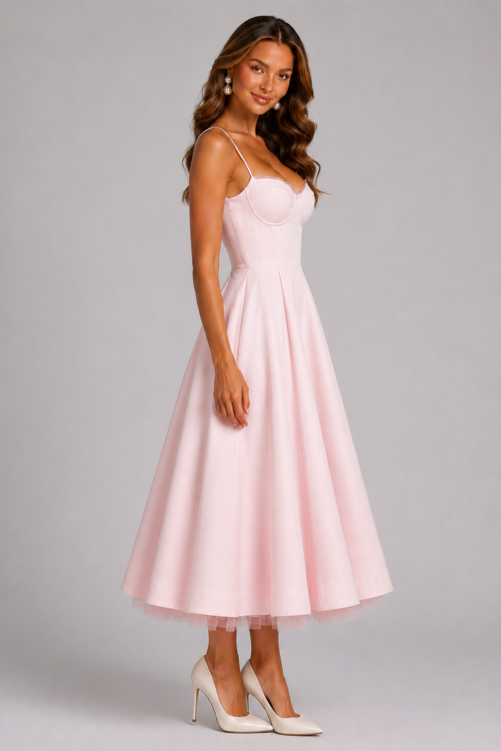 Sweetheart neckline corset midi dress for women. Features delicate spaghetti straps, perfect for wedding guests.