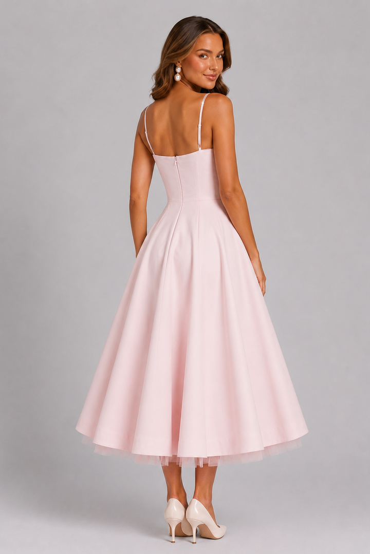 Women's party dress: elegant corset midi with spaghetti straps & sweetheart neckline. Perfect for special occasions.