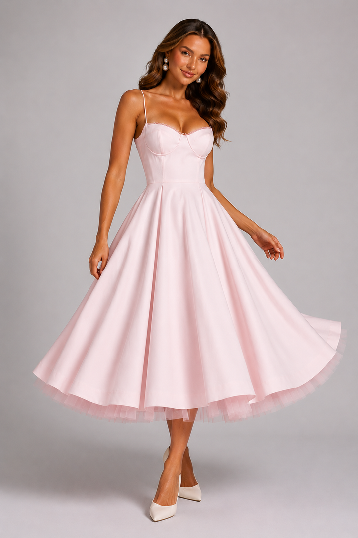 Elegant women's corset spaghetti strap midi dress, ideal for wedding guests & formal summer events.