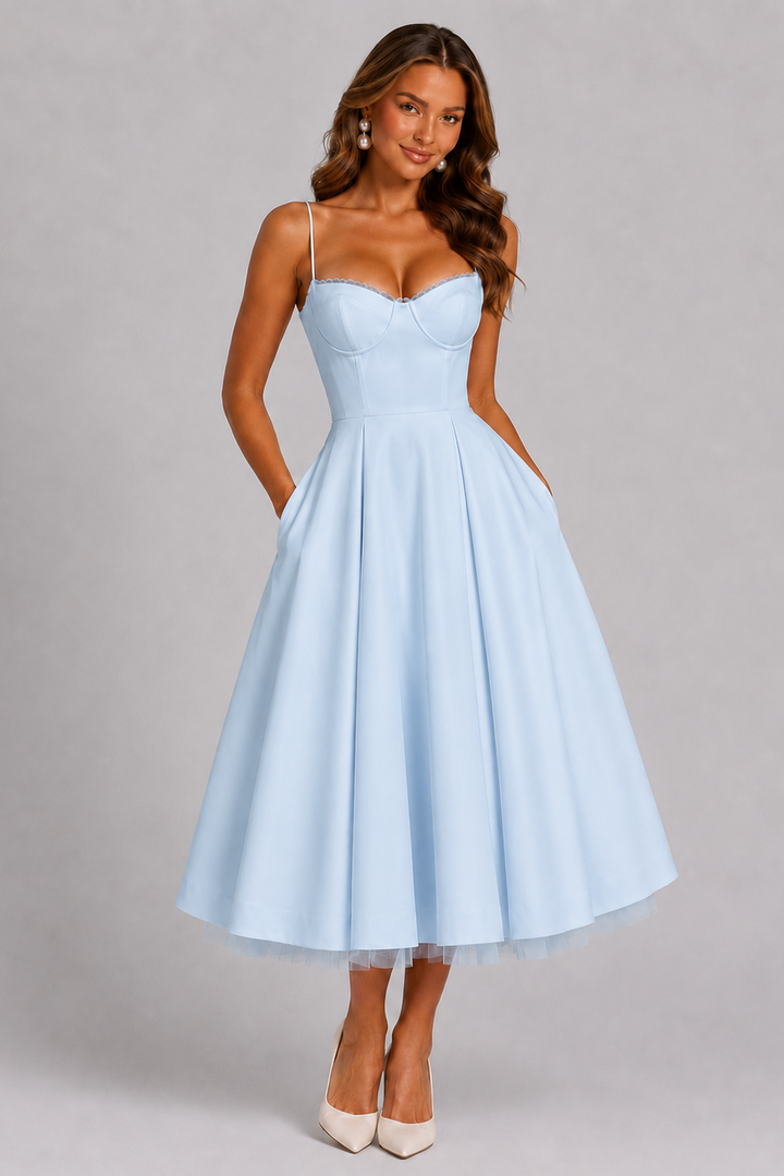 Corset bodice midi dress for women with spaghetti straps. Elegant wedding guest attire, sweetheart neckline.