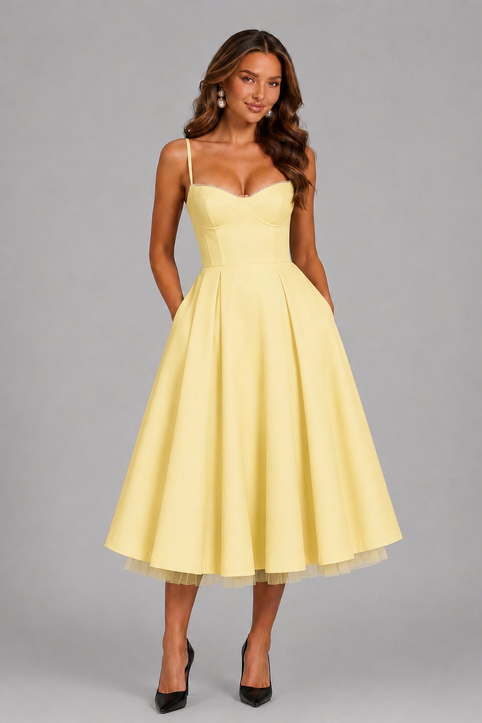 Flowing midi wedding guest dress, women's elegant corset with spaghetti straps & sweetheart neckline.