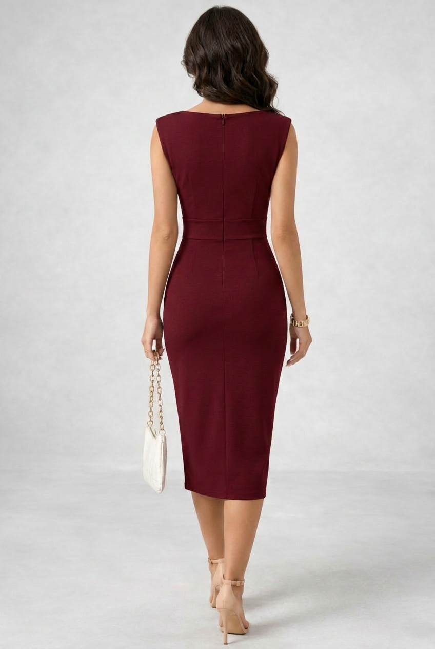 Black elegant cowl neck midi dress. Women's sophisticated sleeveless cocktail party dress for special occasions.
